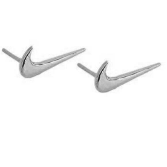 Nike Swoosh Silver - Plated Metal Stud Earrings, Pair, For Men or Women - Picture 1 of 6